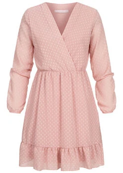 Hotel De Ville Damen V-Neck Chiffon Pufferkleid Mit Mesh Punkten 2-lagig Rosa