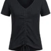 AIKI Damen Ribbed V-Neck T-Shirt Mit Raffdetail Vorne Schwarz -ModeWelt Verkäufe 22030434
