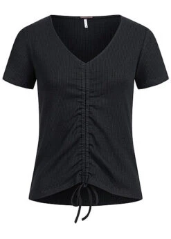 AIKI Damen Ribbed V-Neck T-Shirt Mit Raffdetail Vorne Schwarz