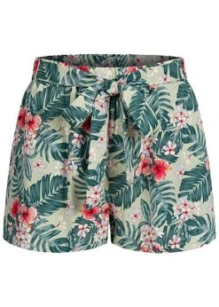 AIKI Damen Kurze Viskose Sommer Shorts Mit Tropical Print 2-Pockets Hell Grün