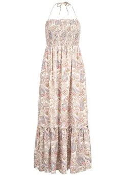 AIKI Damen Midi Neckholder Badeau Viskose Kleid Paisley Print 2-lagig Off Weiss