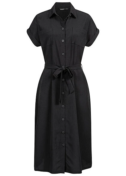 ONLY Damen NOOS Midi Hemdkleid Mit Knopfleiste & Bindegürtel Schwarz 3 ONLY Damen NOOS Midi Hemdkleid Mit Knopfleiste & Bindegürtel Schwarz