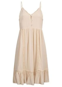 AIKI Damen V-Neck Viskose Kleid Mit 3er Knopfleiste Häkelbesatz Beige