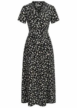 ONLY Damen V-Neck Longform Hemdblusenkleid Bindegürtel Blumen Muster Schwarz Weiss