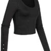 Vero Moda Damen Ribbed Crop Shirt Longsleeve Knopfleiste Seitl. Am Ärmel Schwarz