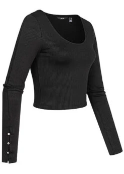 Vero Moda Damen Ribbed Crop Shirt Longsleeve Knopfleiste Seitl. Am Ärmel Schwarz