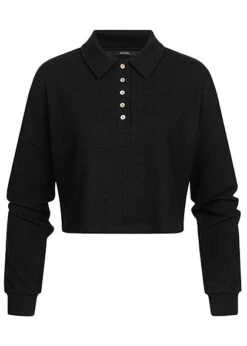 Vero Moda Damen Ribbed Crop Shirt Longsleeve Knopfleiste Polo-Optik Schwarz