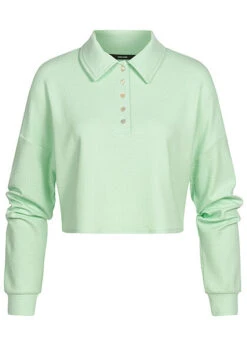 Vero Moda Damen Ribbed Crop Shirt Longsleeve Knopfleiste Polo-Optik Brook Grün
