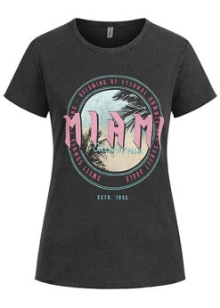 ONLY Damen T-Shirt Rundhals Mit Miami Print Schwarz Rosa