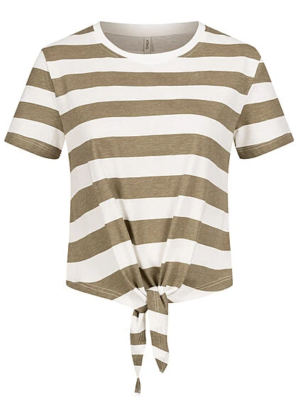 ONLY Damen T-Shirt Mit Knotendetail Und Streifen Grün Weiss 3 ONLY Damen T-Shirt Mit Knotendetail Und Streifen Grün Weiss