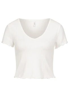 ONLY Damen Ribbed V-Neck Crop Top T-Shirt Mit Frilldetails Cloud Dancer Weiss