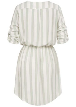 Aiki Damen Turn-Up V-Neck Kleid Leinenoptik Streifen Taillenzug Oliv Weiss -ModeWelt Verkäufe 22040351 3