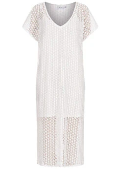 VILA Damen Midi V-Neck Kleid 2-lagig Strukturstoff Weiss