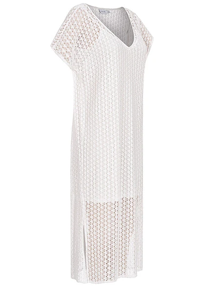 VILA Damen Midi V-Neck Kleid 2-lagig Strukturstoff Weiss 4 VILA Damen Midi V-Neck Kleid 2-lagig Strukturstoff Weiss – Bild 2