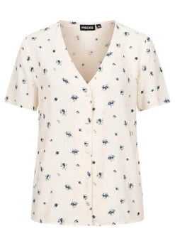 Pieces Damen V-Neck Viskose Bluse Mit Blumen Print & Knopfleiste Granada Sky Blau