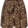 Pieces Damen High-Waist Shorts Mit Bindegürtel & Leo Print Schwarz Braun