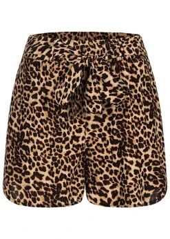 Pieces Damen High-Waist Shorts Mit Bindegürtel & Leo Print Schwarz Braun