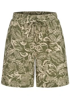 VILA Damen High-Waist Leinen Shorts 2-Pockets Tunnelzug Tropical Print Beige Grün