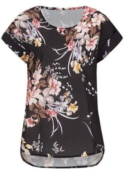 Cloud5ive Damen Chiffon Bluse Shirt Mit Rundhals Und Blumen Print Schwarz