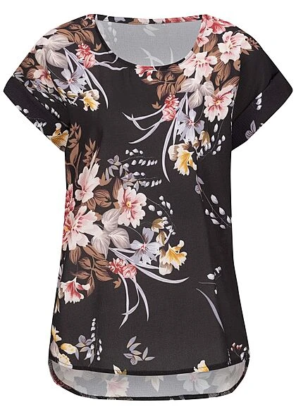 Cloud5ive Damen Chiffon Bluse Shirt Mit Rundhals Und Blumen Print Schwarz 3 Cloud5ive Damen Chiffon Bluse Shirt Mit Rundhals Und Blumen Print Schwarz