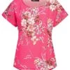 Cloud5ive Damen Chiffon Bluse Shirt Mit Rundhals Und Blumen Print Fuchsia Rot