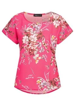 Cloud5ive Damen Chiffon Bluse Shirt Mit Rundhals Und Blumen Print Fuchsia Rot