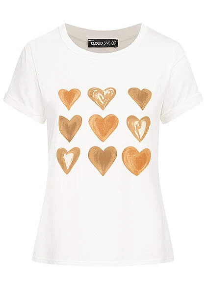 Cloud5ive Damen T-Shirt Mit Herzen Print Weiss 3 Cloud5ive Damen T-Shirt Mit Herzen Print Weiss