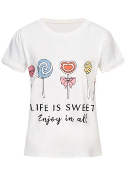 Cloud5ive Damen T-Shirt Mit Lolly Print Weiss