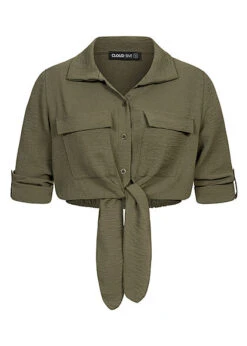 Cloud5ive Damen Turn-Up Bluse Mit 2 Brusttaschen Knopfleiste Und Knotendetail Oliv Grün