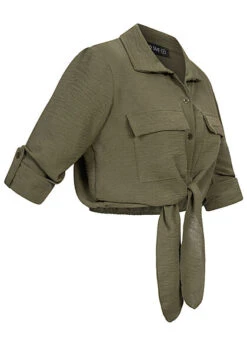 Cloud5ive Damen Turn-Up Bluse Mit 2 Brusttaschen Knopfleiste Und Knotendetail Oliv Grün -ModeWelt Verkäufe 22046441 2