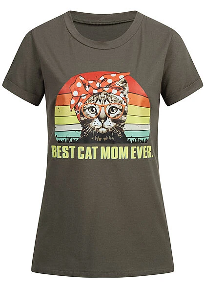 Styleboom Fashion Damen T-Shirt Mit Cat Mom Print Oliv Grün 3 Styleboom Fashion Damen T-Shirt Mit Cat Mom Print Oliv Grün