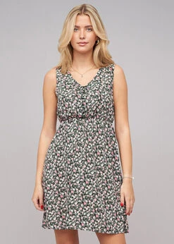 Cloud5ive Damen Leichtes Sommerkleid Mit Knopfleiste Blumen Print Schwarz Mc