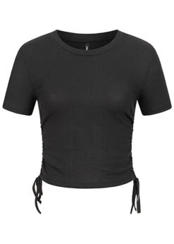 ONLY Damen Ribbed T-Shirt M. Seitl. Raffdetailschnüren Schwarz