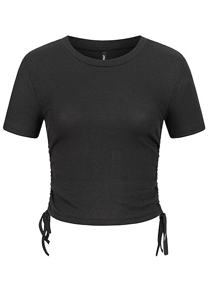 ONLY Damen Ribbed T-Shirt M. Seitl. Raffdetailschnüren Schwarz 3 ONLY Damen Ribbed T-Shirt M. Seitl. Raffdetailschnüren Schwarz