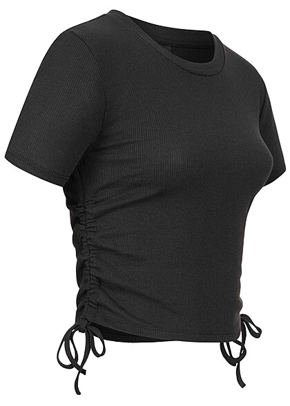 ONLY Damen Ribbed T-Shirt M. Seitl. Raffdetailschnüren Schwarz 4 ONLY Damen Ribbed T-Shirt M. Seitl. Raffdetailschnüren Schwarz – Bild 2