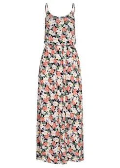 ONLY Damen Viskose Maxikleid Taillengummibund Blumen Print Verstellb. Träger Schwarz Mc