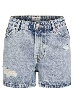 ONLY Damen NOOS High-Waist Mom-Fit Shorts 5-Pockets Destroyed Look Bleached Blau