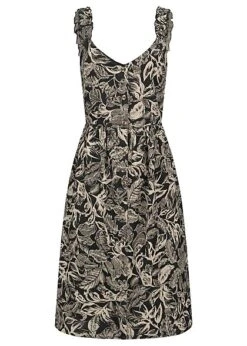 VILA Damen V-Neck Leinen Kleid M. Knopfleiste & Rüschenträger Tropical Print Schwarz Beige