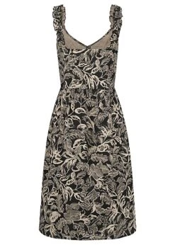 VILA Damen V-Neck Leinen Kleid M. Knopfleiste & Rüschenträger Tropical Print Schwarz Beige -ModeWelt Verkäufe 22050107 2