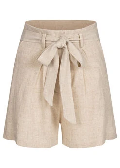 VILA Damen Viskose Leinen High-Waist Shorts 2-Pockets Bindegürtel Super Natural Mel.