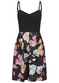 Cloud5ive Damen V-Neck Kleid Mit Blumen Print & Verstellb. Trägern Schwarz Mc