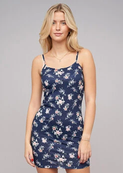 Cloud5ive Damen Kurzes Viskose Trägerkleid Mit Blumen Print Navy Blau