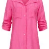 Cloud5ive Damen Turn-Up Blusen Hemd Mit 2 Brusttaschen Knopfleiste Fuchsia Pink -ModeWelt Verkäufe 22056581