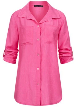Cloud5ive Damen Turn-Up Blusen Hemd Mit 2 Brusttaschen Knopfleiste Fuchsia Pink