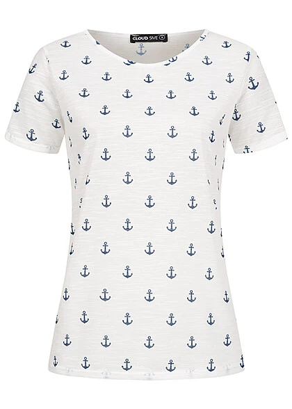 Cloud5ive Damen T-Shirt Mit AOP Anker Muster Weiss Navy 3 Cloud5ive Damen T-Shirt Mit AOP Anker Muster Weiss Navy