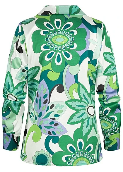 Cloud5ive Damen Flower Satin Bluse Mit Knopfleiste Grün 4 Cloud5ive Damen Flower Satin Bluse Mit Knopfleiste Grün – Bild 2