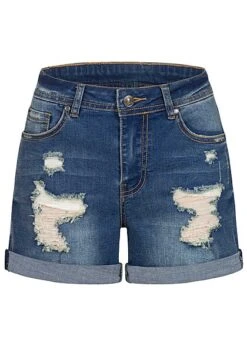 Cloud5ive Damen Kurze Destroy Jeans Shorts Mit Beinumschlag 5-Pockets Dunkel Blau Denim