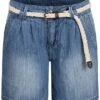 Cloud5ive Damen Soft Jeans Shorts 5-Pockets Inkl. Flechtgürtel Dunkel Blau Denim