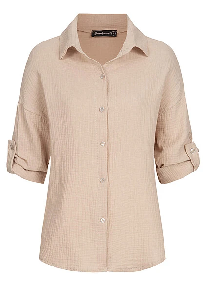 Seventyseven X Anniju Damen Oversized Musselin Turn-Up Shirt Beige 4 Seventyseven X Anniju Damen Oversized Musselin Turn-Up Shirt Beige – Bild 2