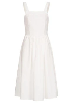 Seventyseven X Anniju Damen Midi Struktur Kleid Mit Elast. Smokbund Hinten Weiss